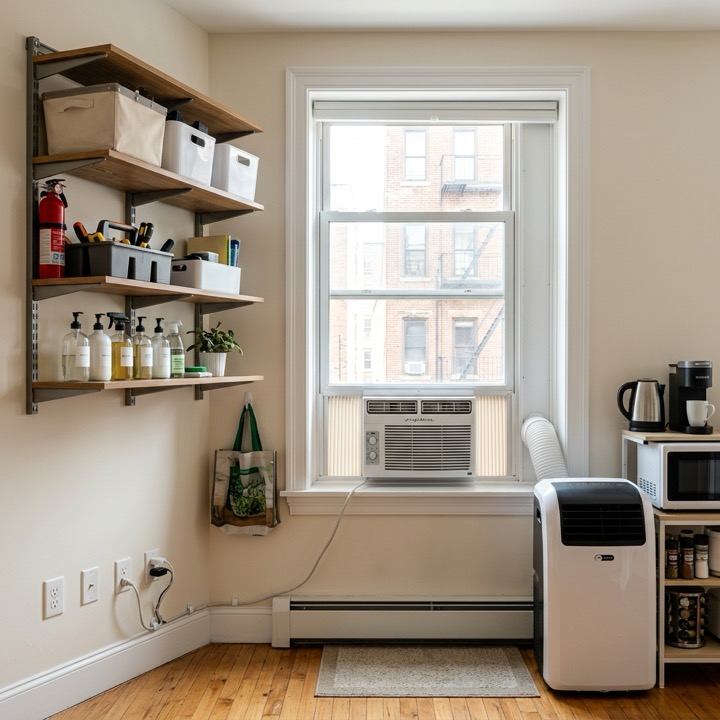 NYC utility corner with window AC, outlet, fan, shelf