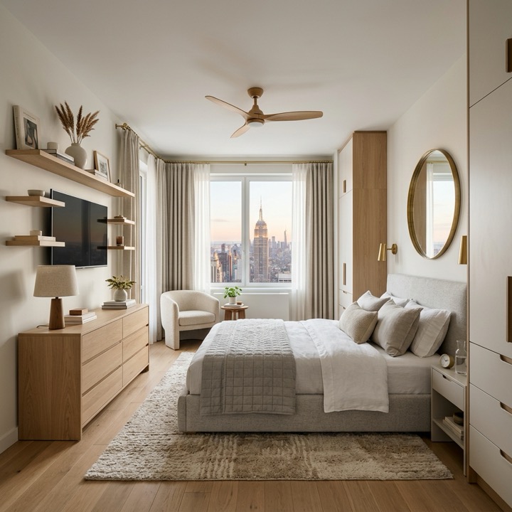 NYC bedroom with TV, bed, dresser, wardrobe, curtains, mirror, shelf