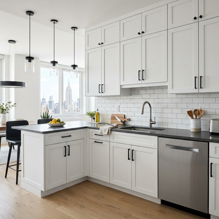 NYC kitchen with dishwasher, faucet, backsplash, cabinets, pendant lights