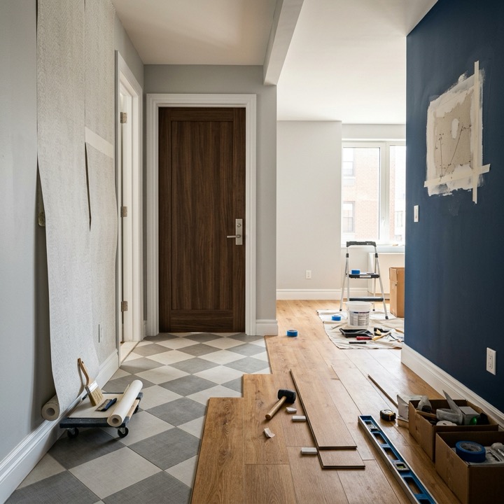 NYC hallway with checkerboard floor, wallpaper, paint roller, drywall patch, door